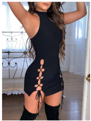 Trendy Solid Black Lace-Up Mini Club Dress