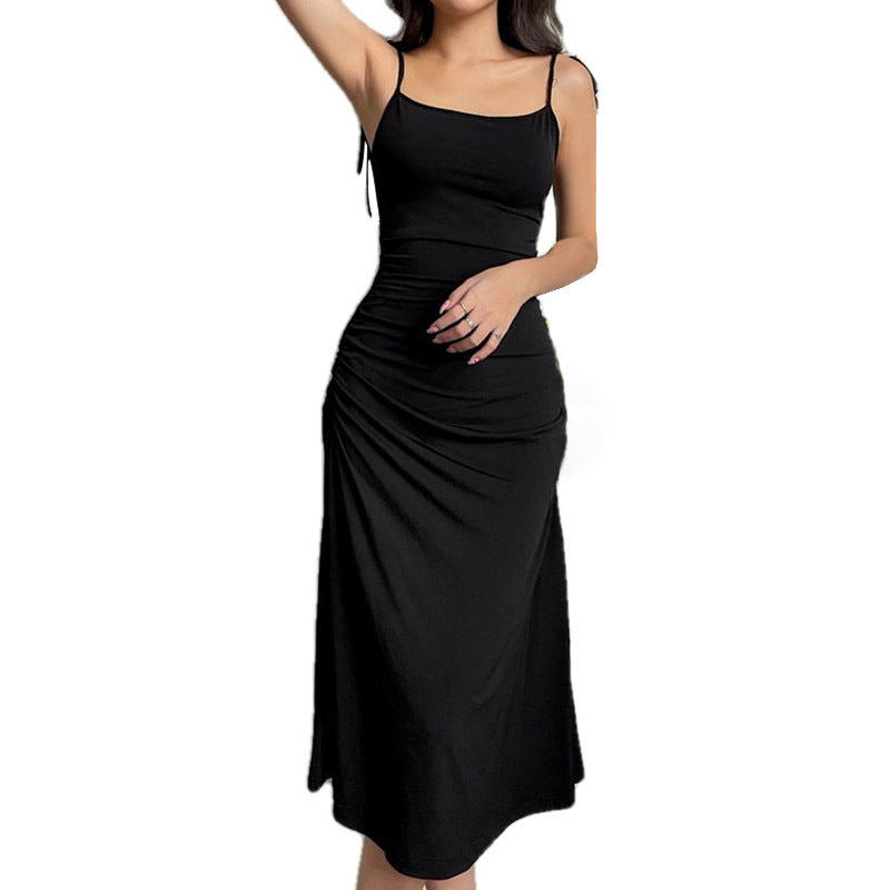 Solid strap skirt black backless Pleated Dress